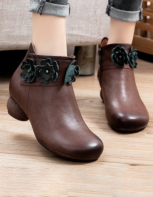 Herfst Winter Retro Leren Bloem Chunky Schoenen