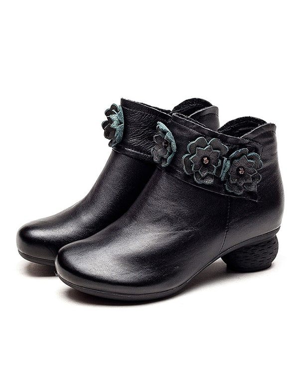 Herfst Winter Retro Leren Bloem Chunky Schoenen