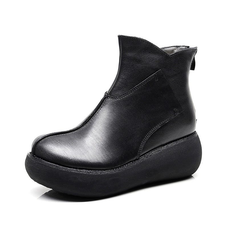 Retro Leren Pluche Winter Wedge Laarzen