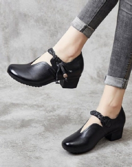 Dames Retro Leren Geweven Chunky Schoenen