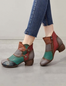 Handgemaakte Hollow Vintage Chunky Booties Met Kleurblokken