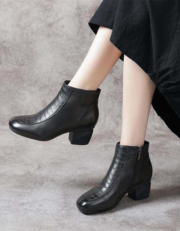 Handgemaakte Retro Lederen Gepolijste Chunky Heel Boots