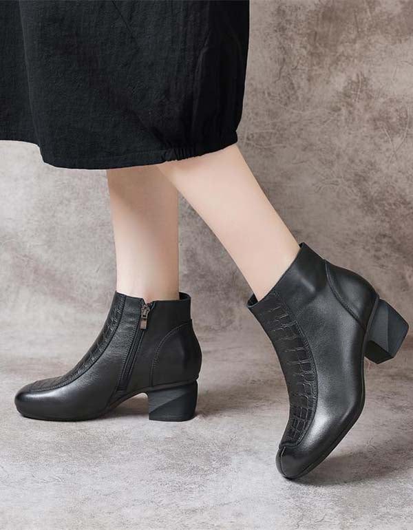 Handgemaakte Retro Lederen Gepolijste Chunky Heel Boots