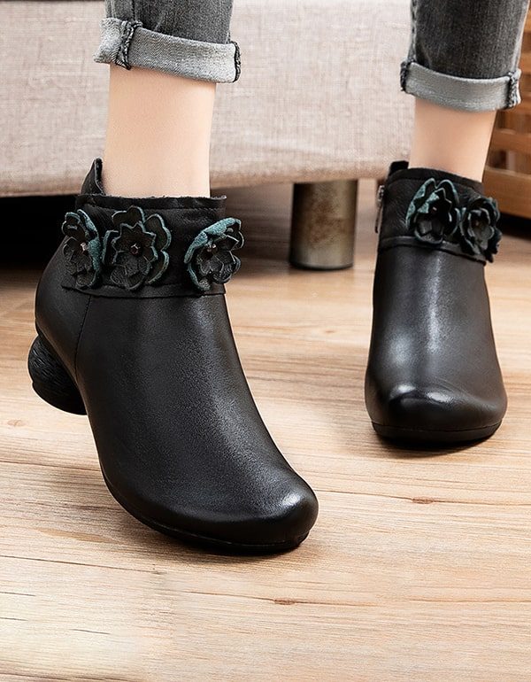 Herfst Winter Retro Leren Bloem Chunky Schoenen