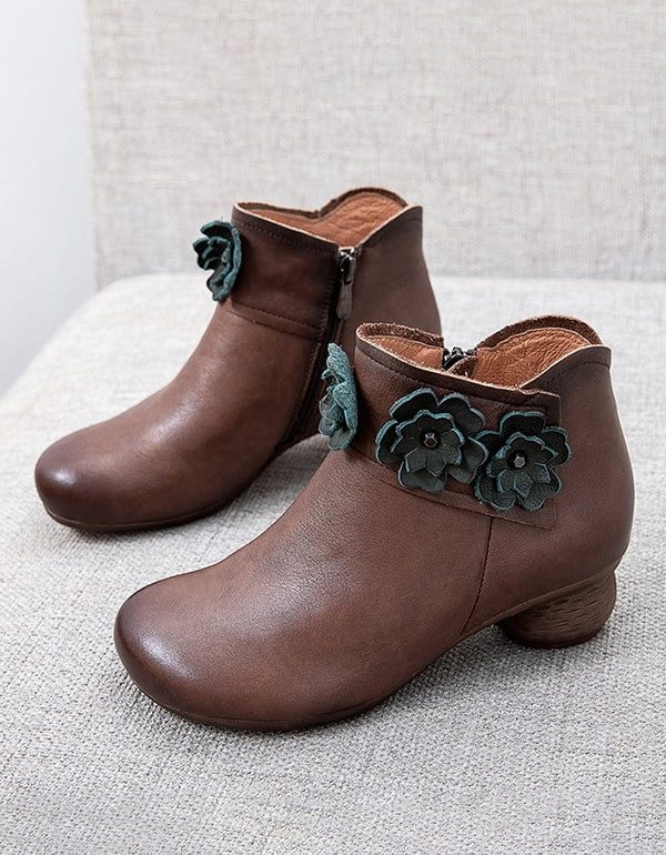 Herfst Winter Retro Leren Bloem Chunky Schoenen