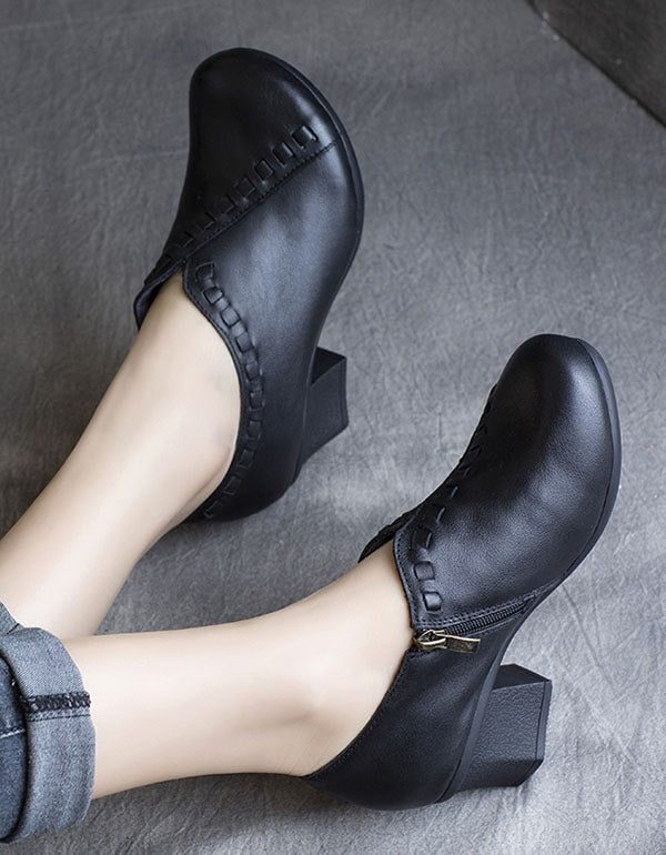 Lente Retro Leren Schoenen Met Chunky Heels