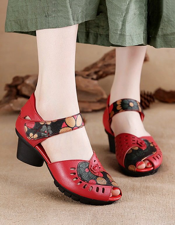 Leren Etnische Chunky Sandalen Met Visteentjes En Print