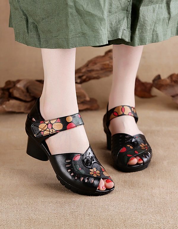 Leren Etnische Chunky Sandalen Met Visteentjes En Print