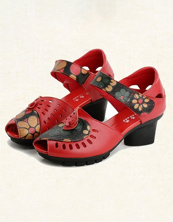 Leren Etnische Chunky Sandalen Met Visteentjes En Print