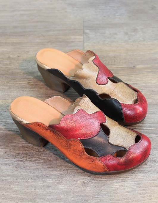 Leren Stiksels Close-toe Vintage Chunky Heels Slippers