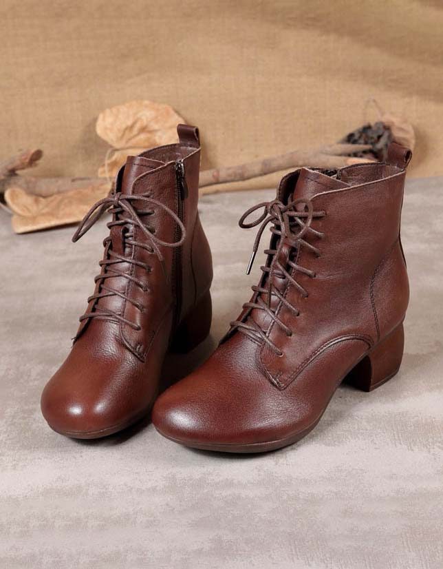 Retro Leren Veterschoenen Met Dikke Hakken