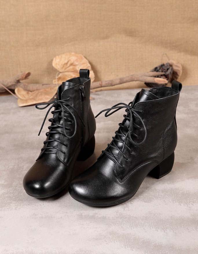 Retro Leren Veterschoenen Met Dikke Hakken