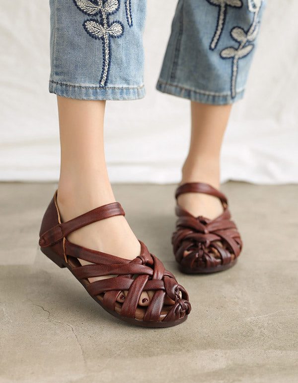 Handgemaakte Lederen Retro Geweven Comfortabele Sandalen