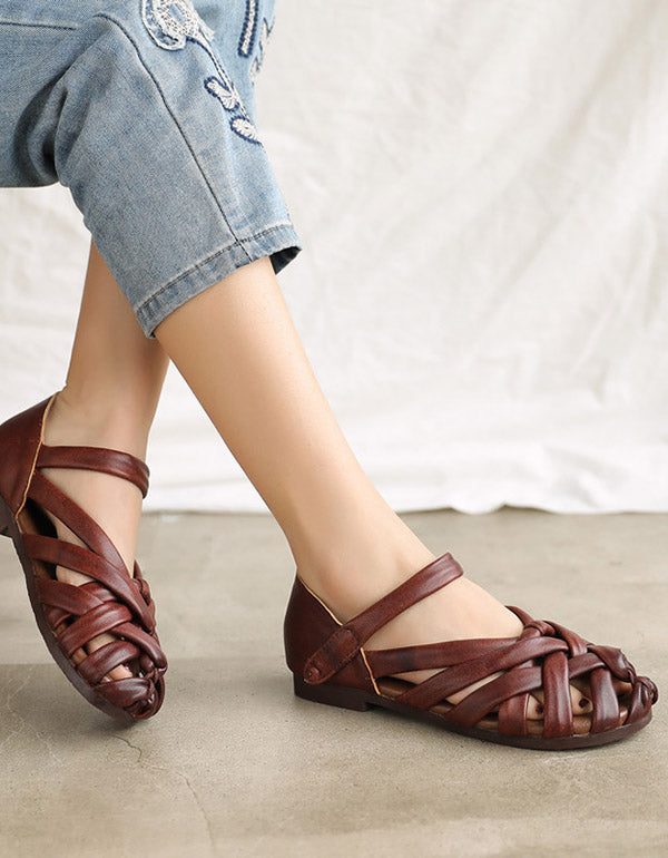 Handgemaakte Lederen Retro Geweven Comfortabele Sandalen