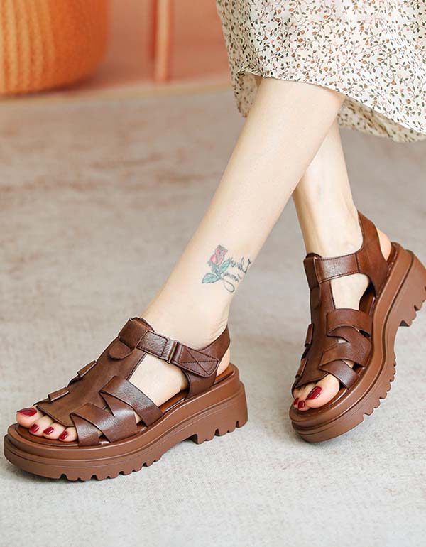 Handgemaakte Vintage Open Teen Platform Sandalen