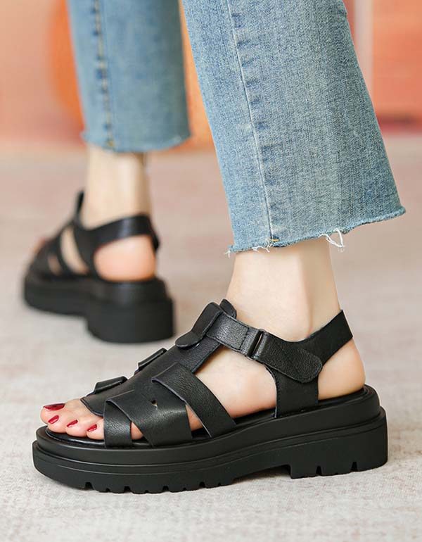 Handgemaakte Vintage Open Teen Platform Sandalen