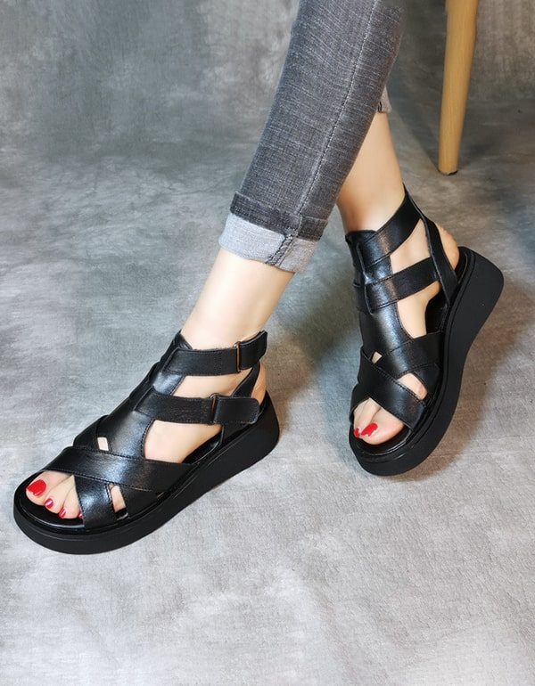 Leren Retro Zomer Sandalen Met Bandjes Voor Dames