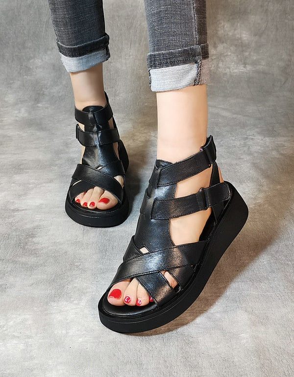 Leren Retro Zomer Sandalen Met Bandjes Voor Dames