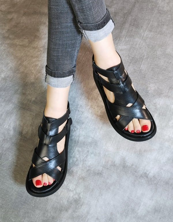 Leren Retro Zomer Sandalen Met Bandjes Voor Dames