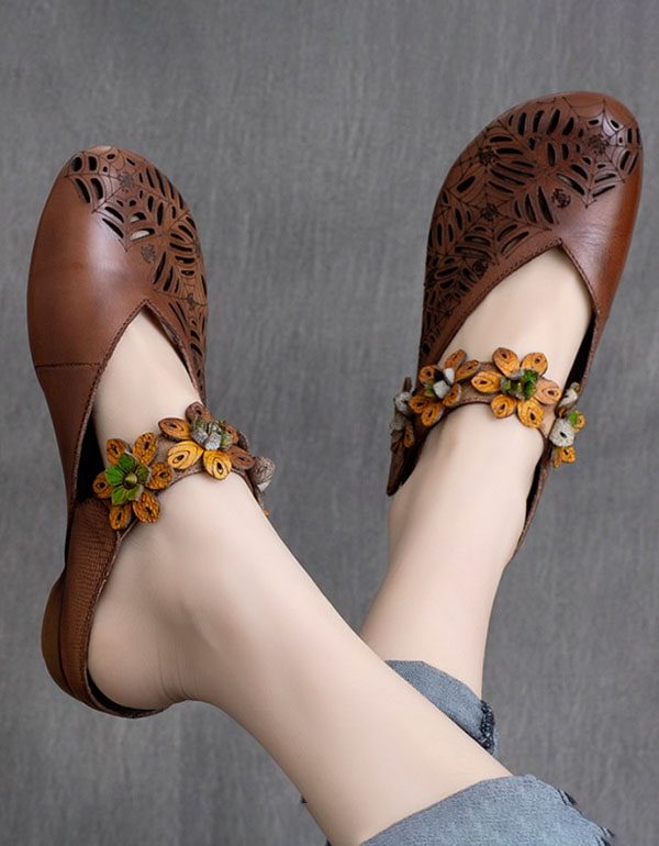 Lente Handgemaakte Bloemen Retro Lederen Slippers