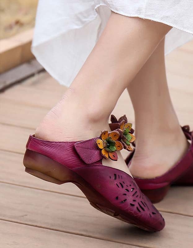 Lente Handgemaakte Bloemen Retro Lederen Slippers