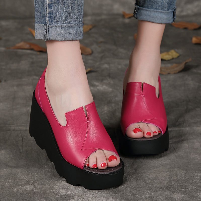 Leren Wedge Heels Vis Teen Mode Sandalen