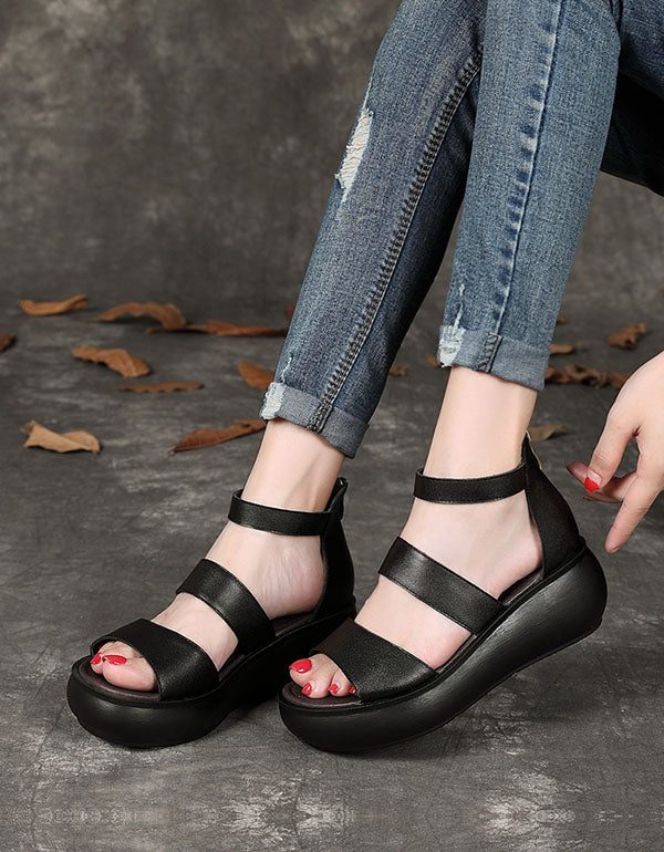 Leren Zomersandalen Met Sleehak Zwart