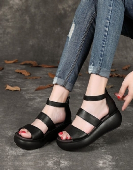 Leren Zomersandalen Met Sleehak Zwart