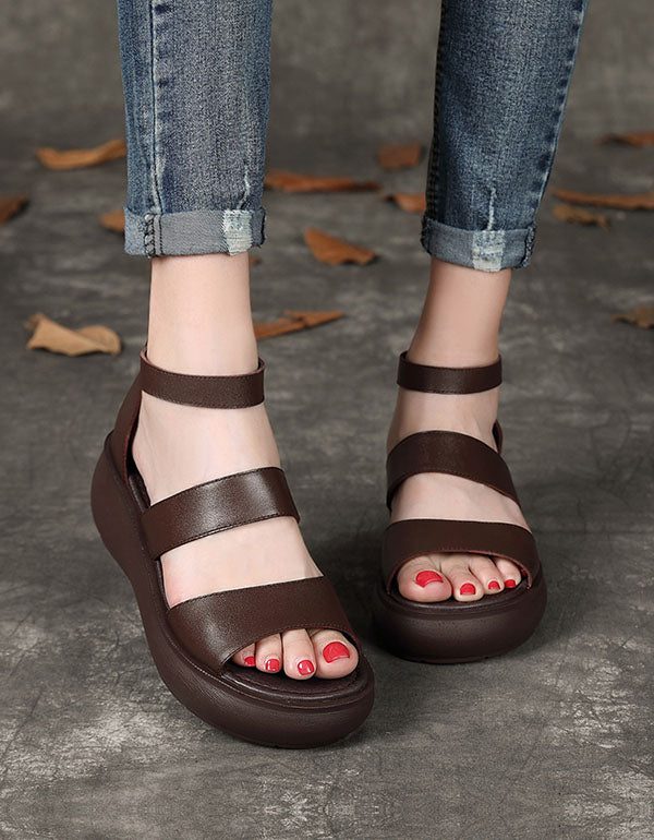 Leren Zomersandalen Met Sleehak Zwart