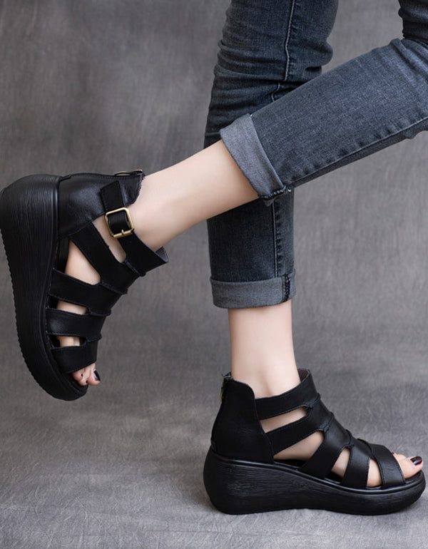 Retro Leren Sandalen Met Enkelband Voor Dames