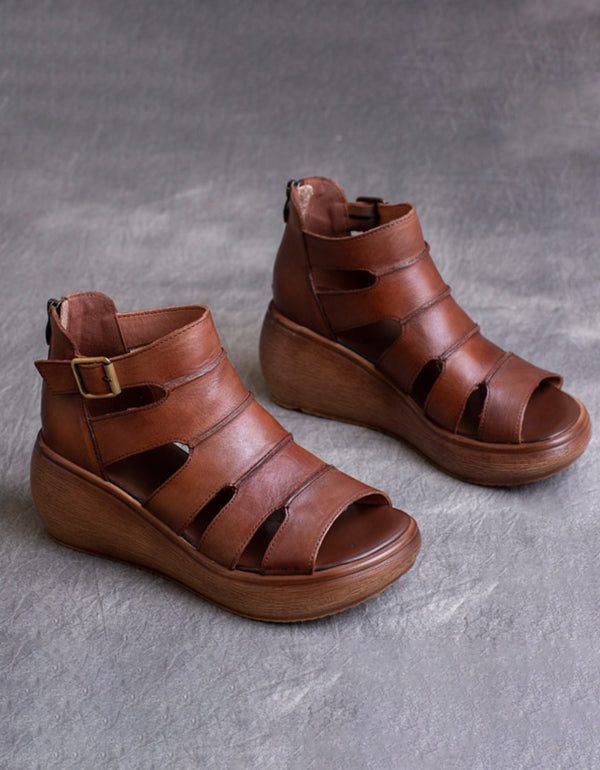 Retro Leren Sandalen Met Enkelband Voor Dames