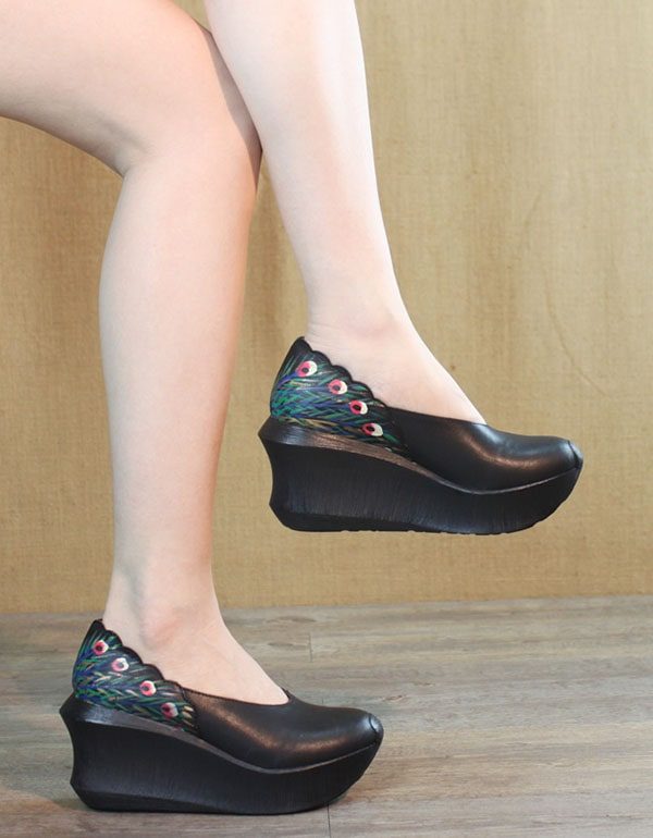 Vrouwen Handgemaakte Peacock Print Lente Wedge Heels