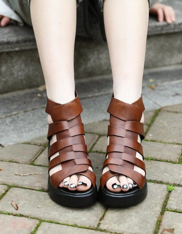 Zomer Retro Leren Enkelbandjes Wedge Sandalen