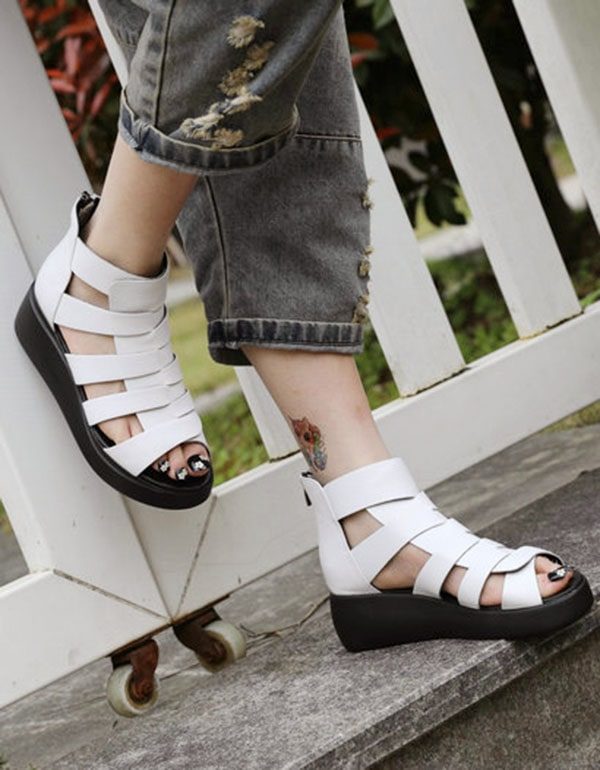 Zomer Retro Leren Enkelbandjes Wedge Sandalen