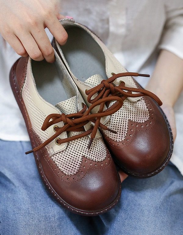 Handgemaakte Lederen Veterschoenen Met Dikke Hak Oxford Schoenen