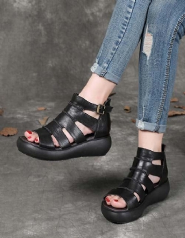 Dames Retro Leren Enkelband Sandalen Zwart