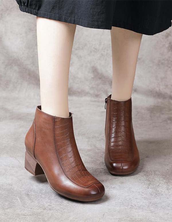 Handgemaakte Retro Lederen Gepolijste Chunky Heel Boots