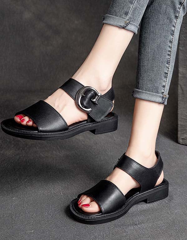 Handgemaakte Retro Lederen Sandalen Met Grote Gesp