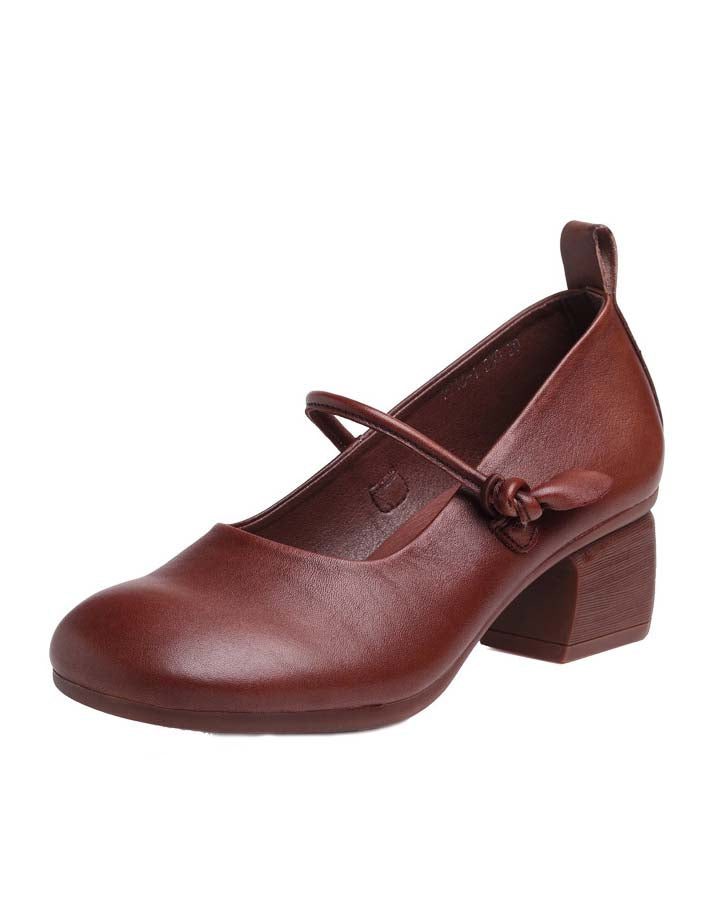 Lente Retro Leren Chunky Schoenen Met Ronde Kop