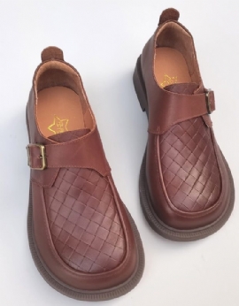 Retro Leren Loafers Met Brede Kop En Gesp