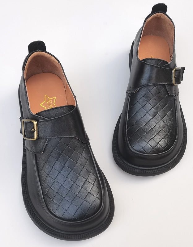 Retro Leren Loafers Met Brede Kop En Gesp