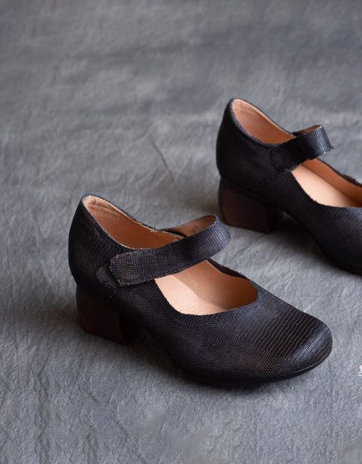 Vintage Leren Comfortabele Pumps Met Dikke Hakken