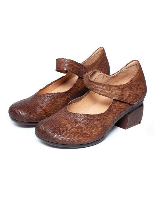 Vintage Leren Comfortabele Pumps Met Dikke Hakken