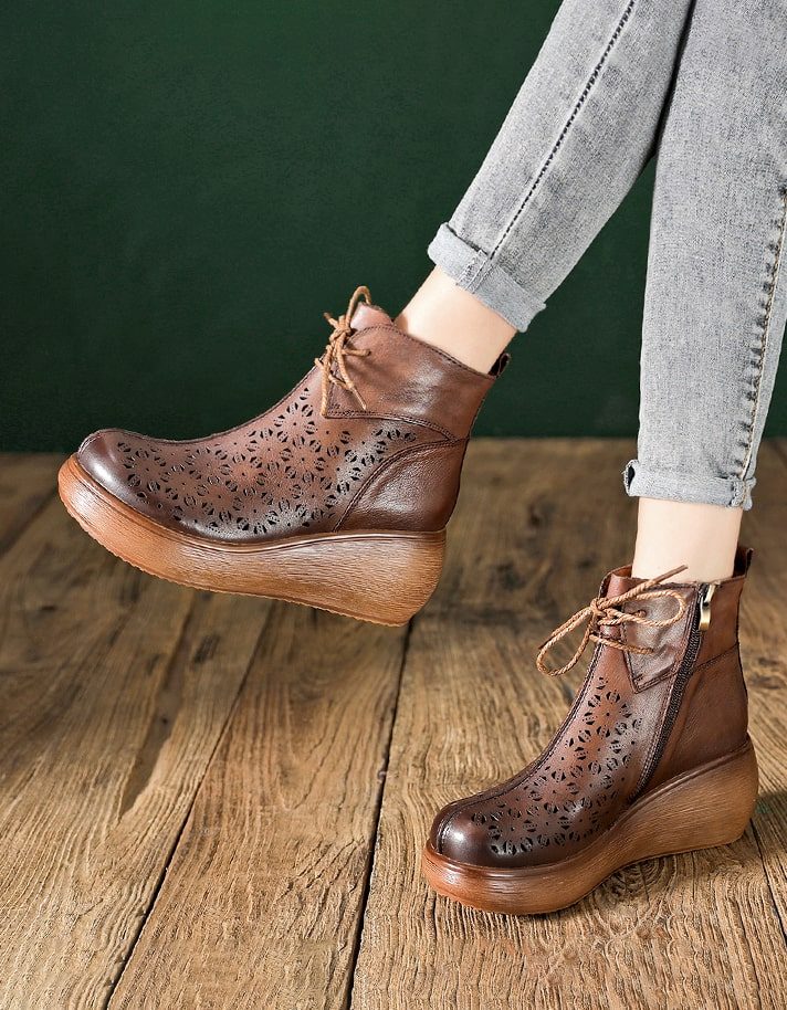 Retro Leren Hollow Lace Up Wedge Boots Zwart