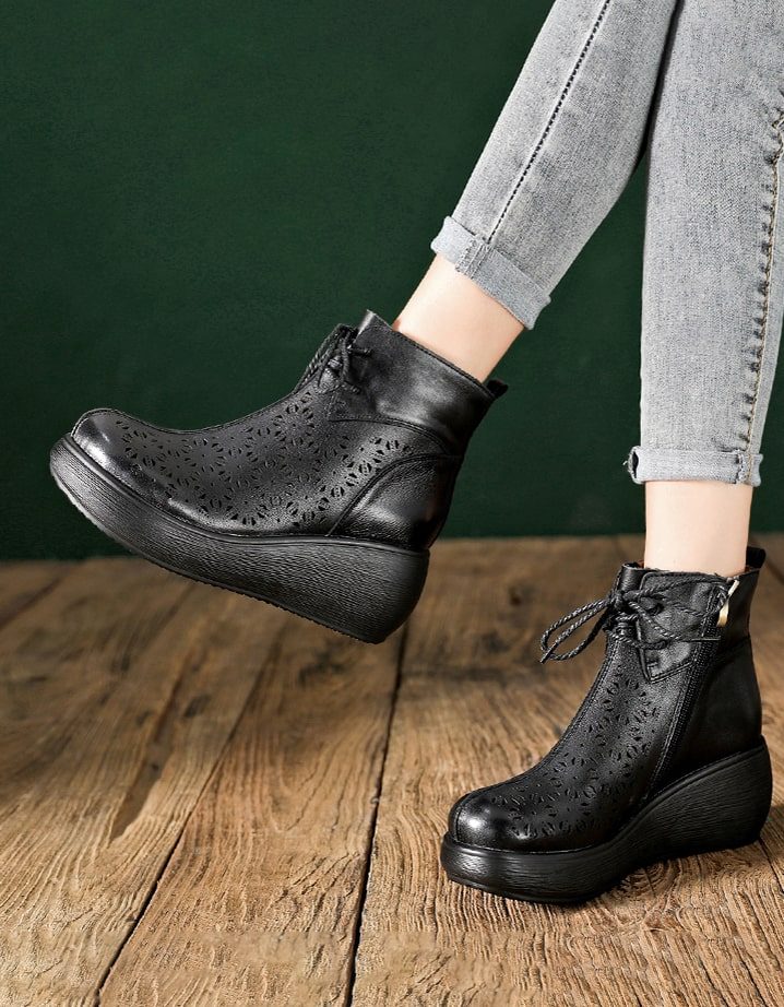 Retro Leren Hollow Lace Up Wedge Boots Zwart