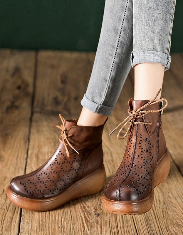 Retro Leren Hollow Lace Up Wedge Boots Zwart