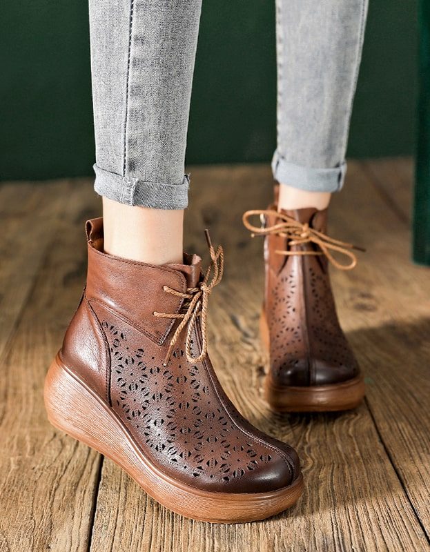 Retro Leren Hollow Lace Up Wedge Boots Zwart