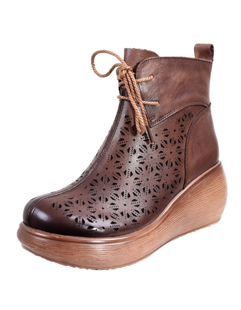 Retro Leren Hollow Lace Up Wedge Boots Zwart