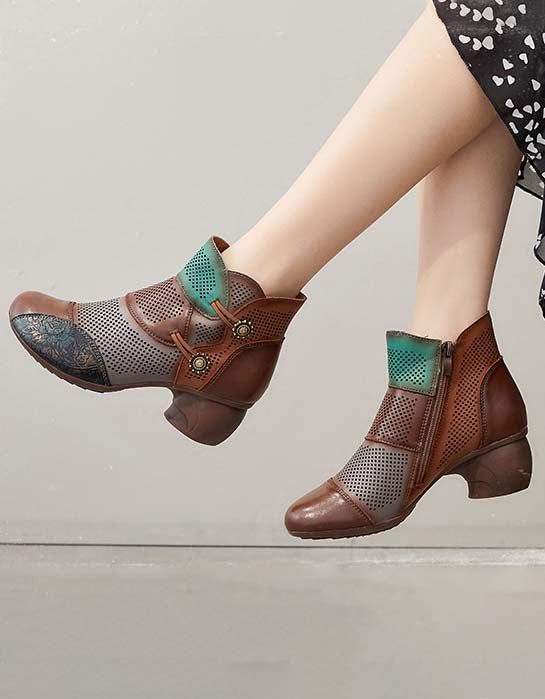 Handgemaakte Hollow Vintage Chunky Booties Met Kleurblokken