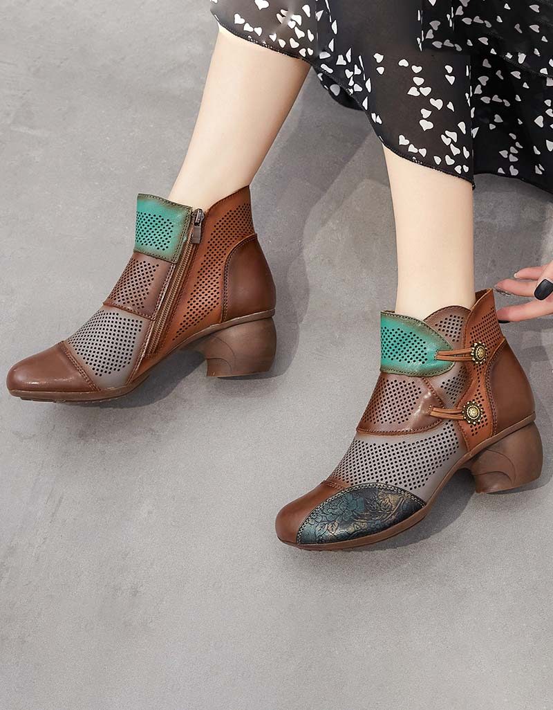 Handgemaakte Hollow Vintage Chunky Booties Met Kleurblokken